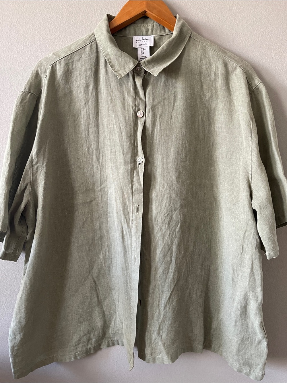100% Linen Lightweight Button-Down Shirt in Sage Green XL